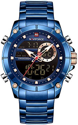 NAVIFORCEステンレススチールバンドクォーツ腕時計3ATM防水多機能発光ダブルムーブメントアナログデジタルクロノグラフマンウォッチ (Blue)